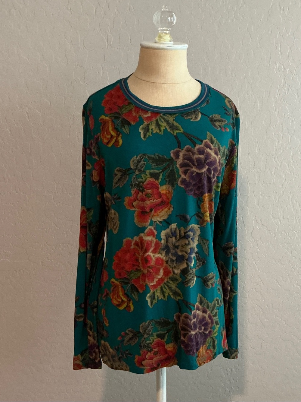 Johnny Was Janie Favorite Teal Floral Long-Sleeve Top